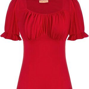 Women Vintage Ruched Tops Square Neck Puff Short Sleeve Cotton Shirt